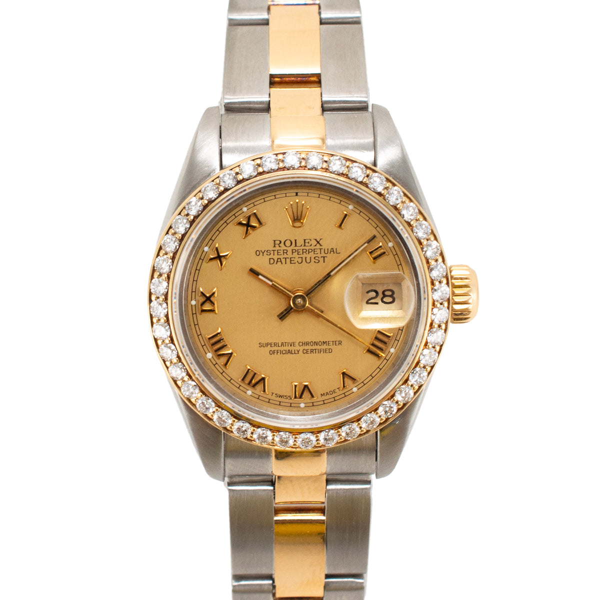 Ladies Rolex Datejust 69163 26MM Champaign Diamond Bezel Oyster Gold Steel Watch