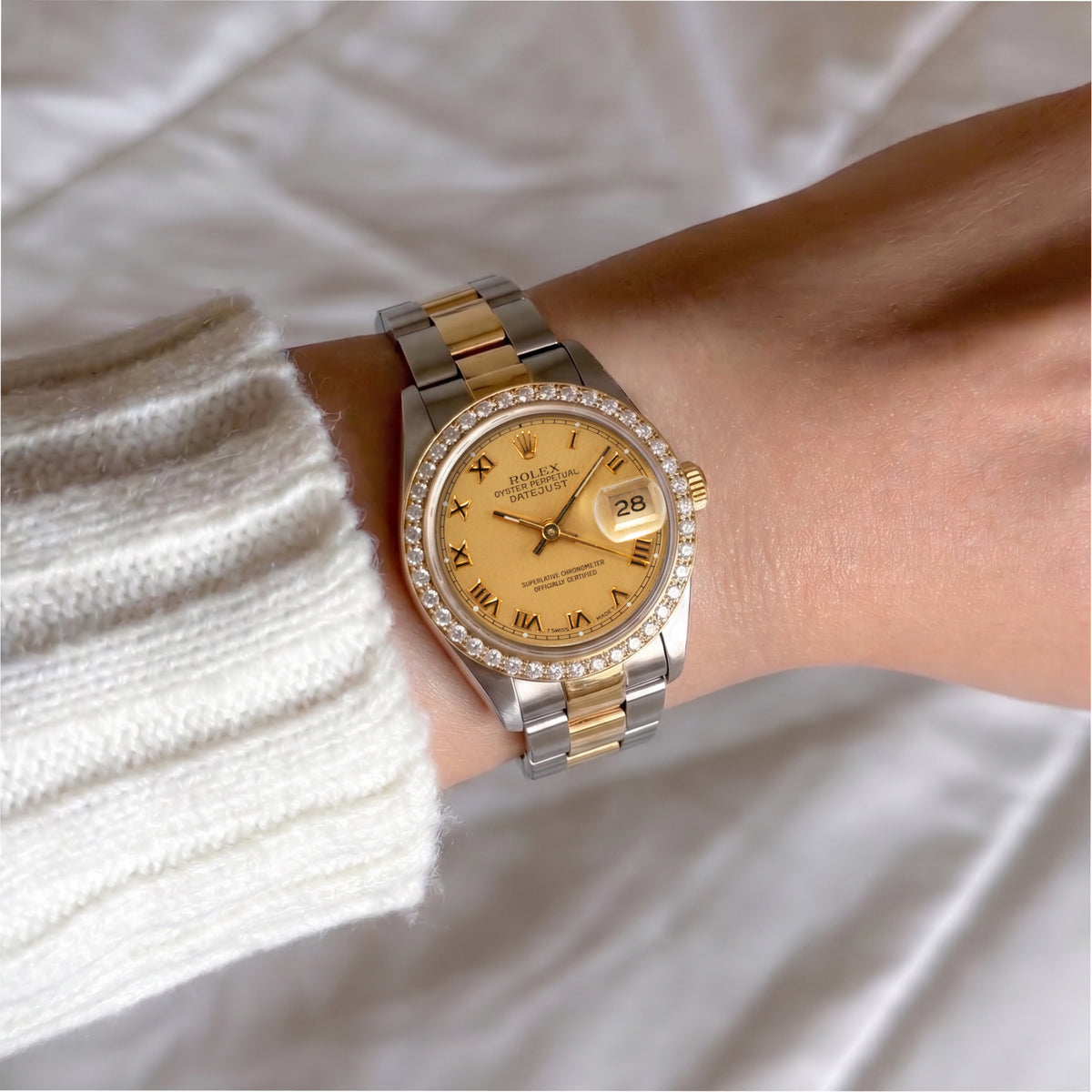 Ladies Rolex Datejust 69163 26MM Champaign Diamond Bezel Oyster Gold Steel Watch