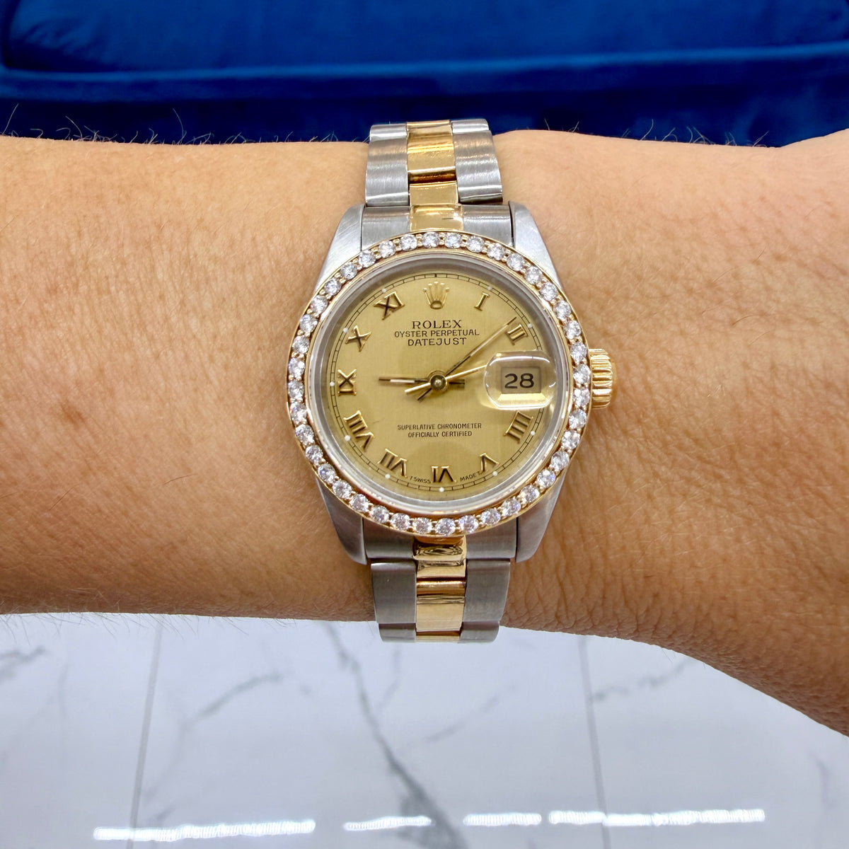 Ladies Rolex Datejust 69163 26MM Champaign Diamond Bezel Oyster Gold Steel Watch