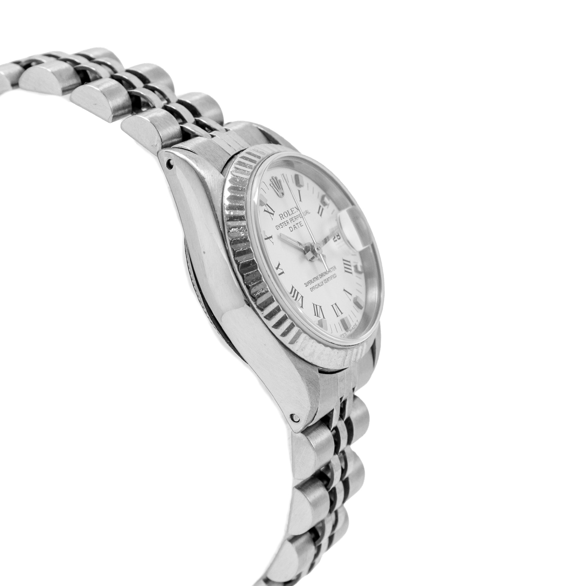 Ladies Rolex Oyster Perpetual Date 26MM 6919 White Roman Jubilee Steel Watch