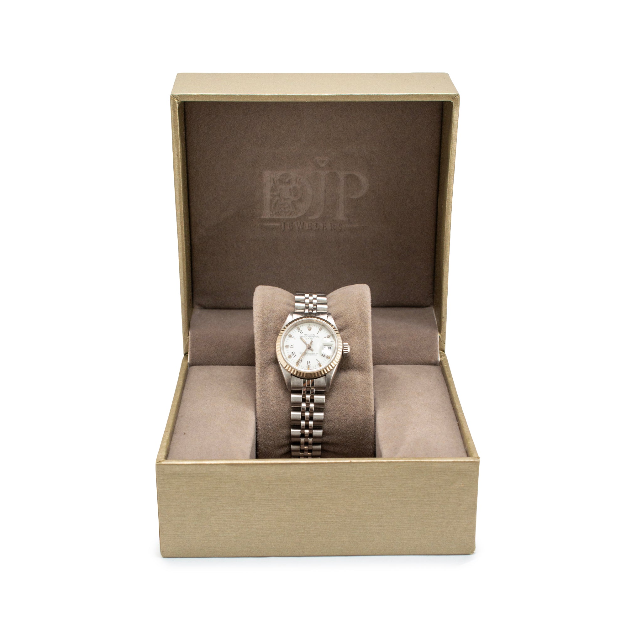 Ladies Rolex Oyster Perpetual Date 26MM 6919 White Roman Jubilee Steel Watch