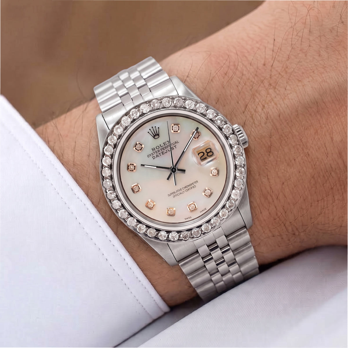 Rolex Datejust 36MM 1601 Mop Dial Diamond Bezel Jubilee Steel Watch
