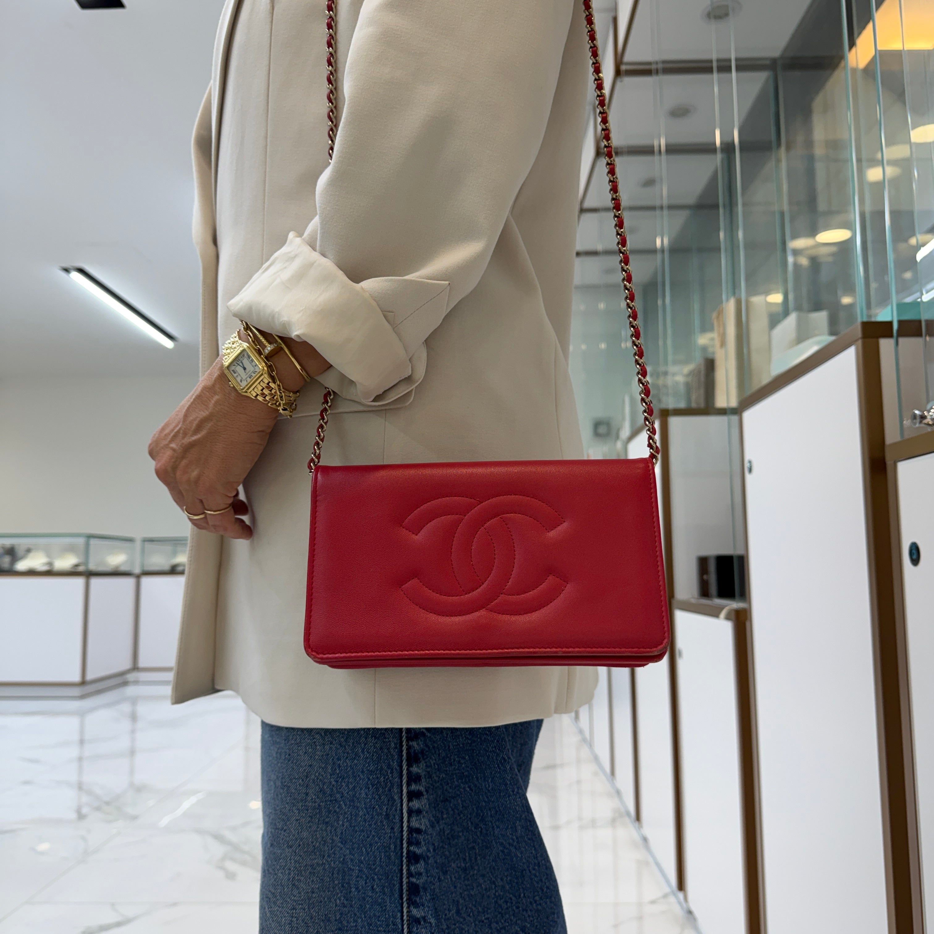 Chanel Red CC Timeless Lambskin Gold Hardware w.o.c Shoulder Chain Wallet