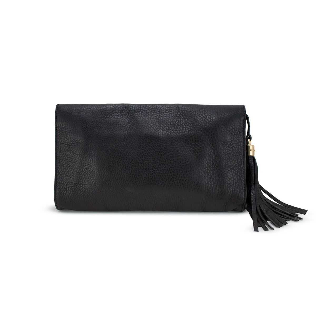 Gucci Soho Gg Black Pebbled Calfskin Leather Tassel Flap Clutch Bag