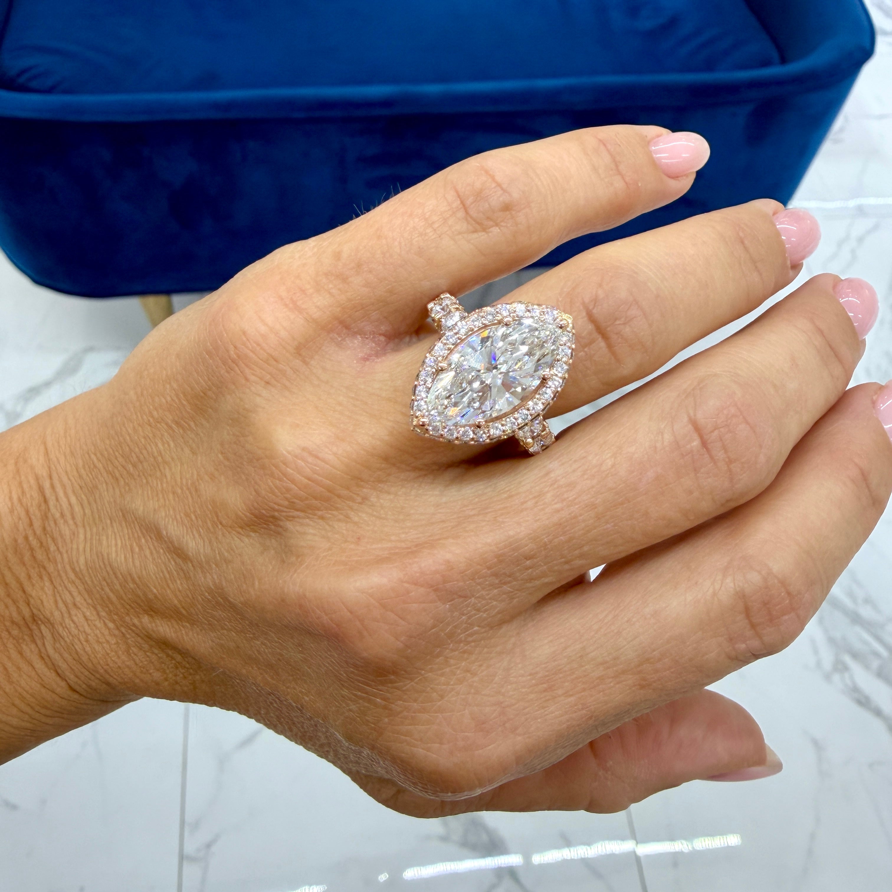 18K Rose Gold Igi 8.85ctw Marquee Lab Grown Diamond Eternity Engagement Ring