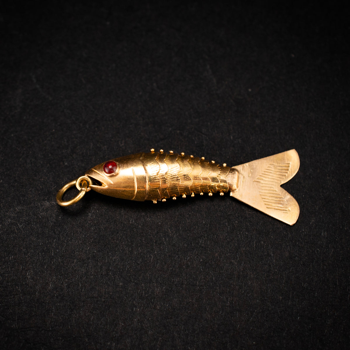 Vintage 18K Yellow Gold Ruby 0.03ct Fish Charm Pendant 1.2g 1" 458415 available at DJP Jewelers & Luxury Buyers