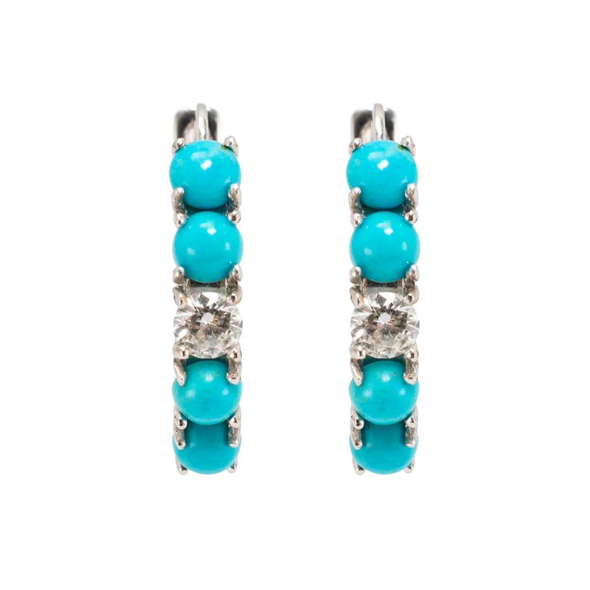 Ladies 18K White Gold 2.25ctw Diamond and Turqouise Huggie Hoops Earrings