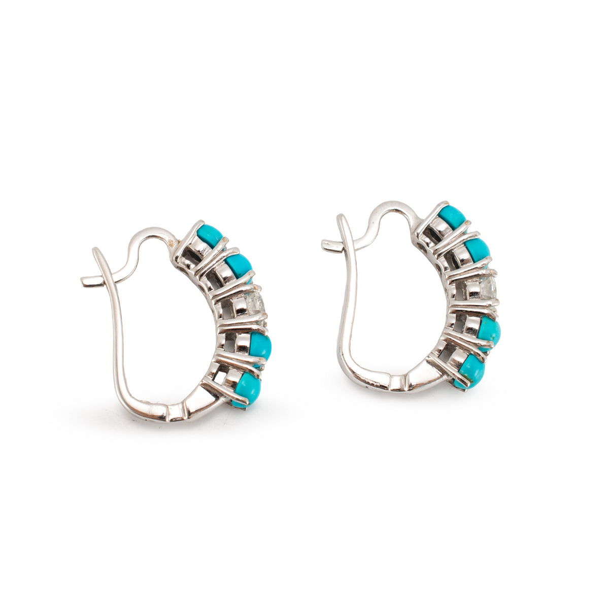 Ladies 18K White Gold 2.25ctw Diamond and Turqouise Huggie Hoops Earrings