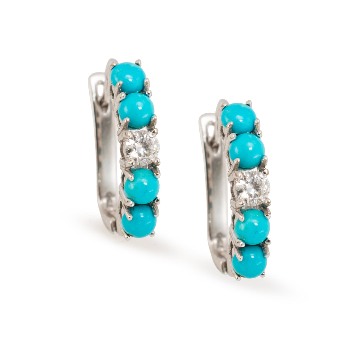 Ladies 18K White Gold 2.25ctw Diamond and Turqouise Huggie Hoops Earrings