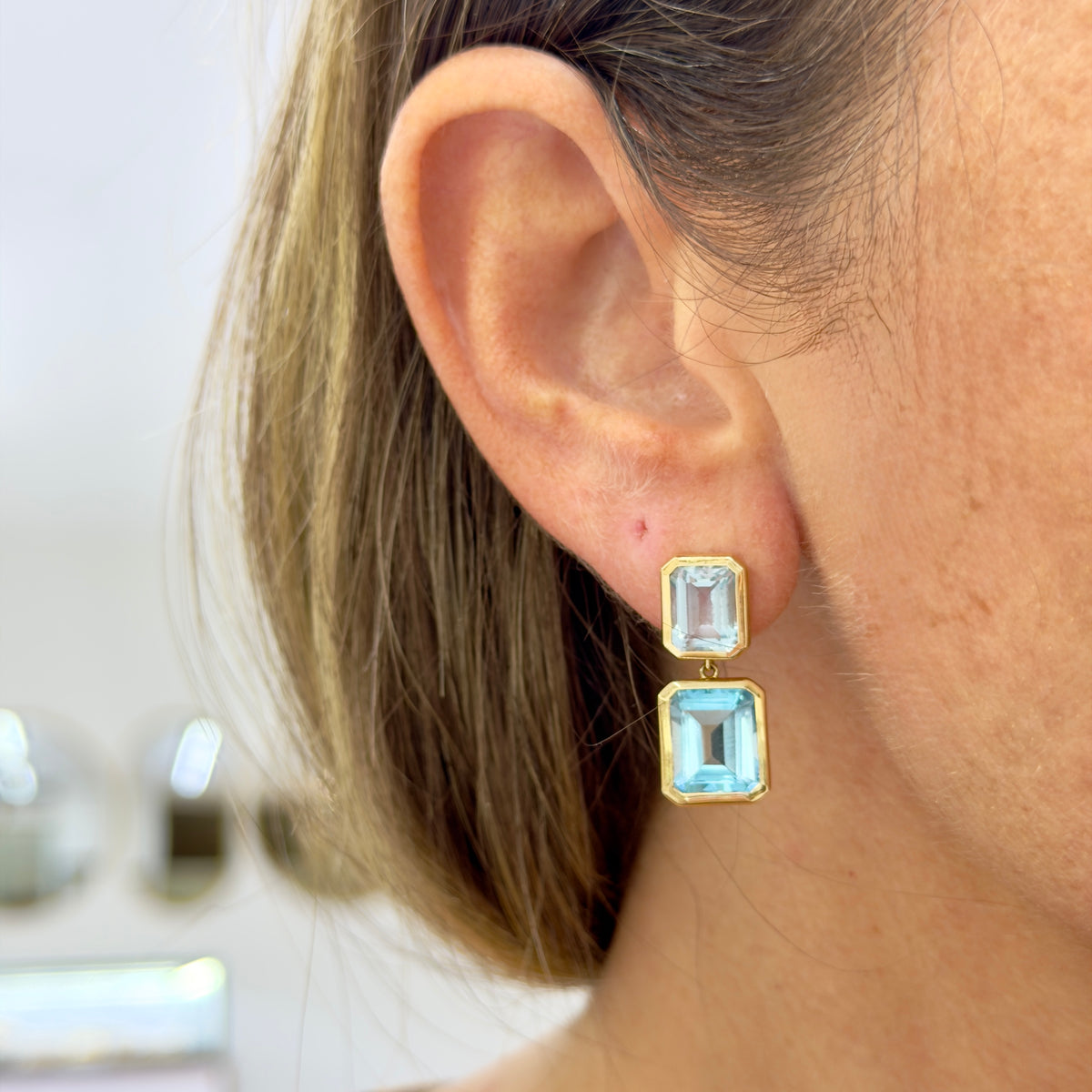 14K Yellow Gold 17.01ctw Bezel Set Emerald Cut Topaz Drop Dangle Earrings