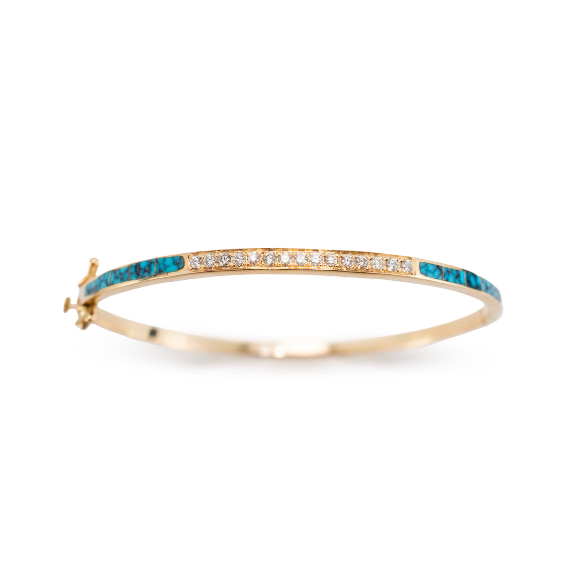 Ladies 14K Yellow Gold 1.27ctw Diamonds & Turquoise Hinged Bangle Bracelet
