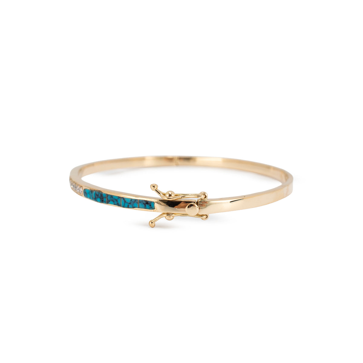 Ladies 14K Yellow Gold 1.27ctw Diamonds & Turquoise Hinged Bangle Bracelet