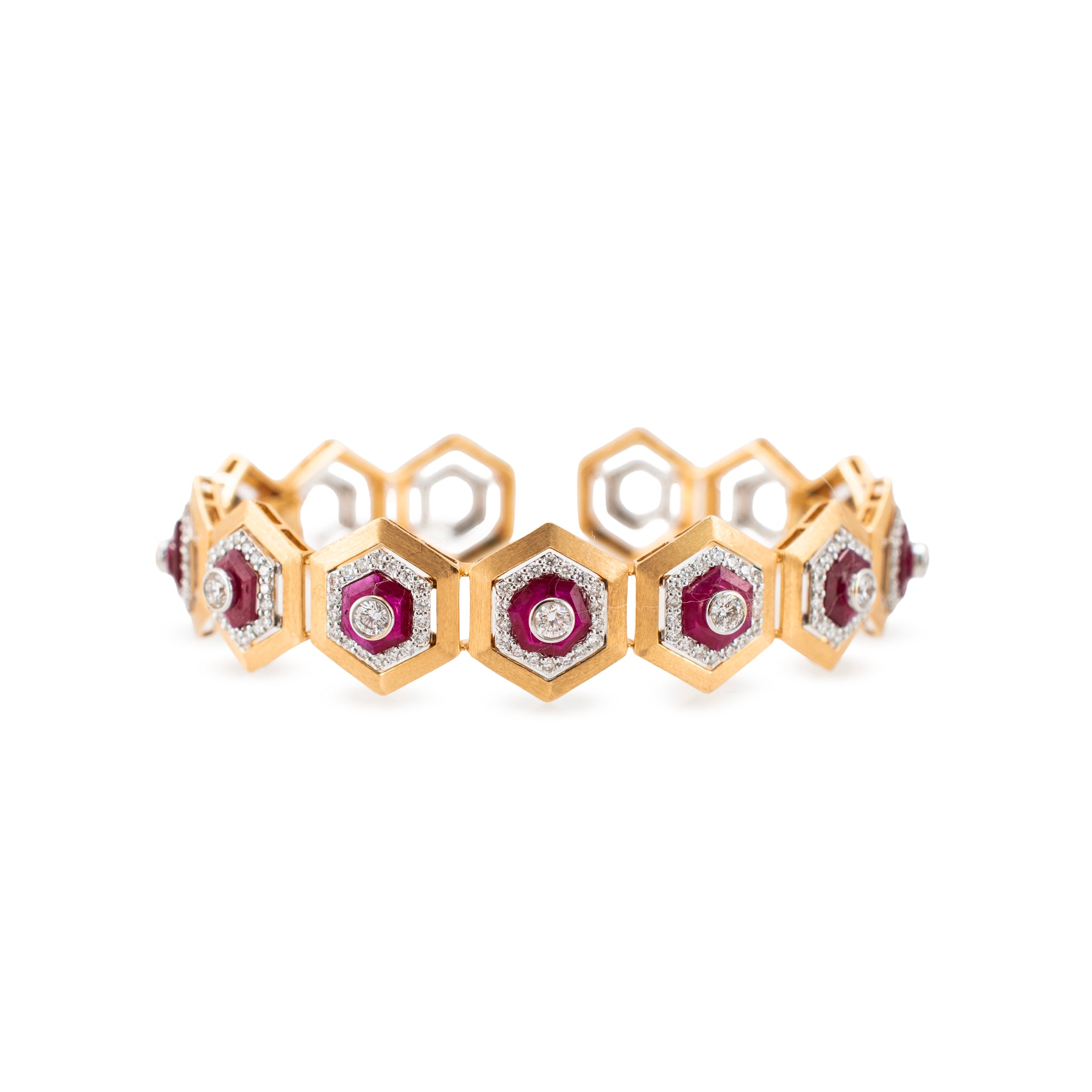 Vintage 18K Yellow & White Gold 1.58ctw Diamond Ruby Hexagon Bangle Bracelet