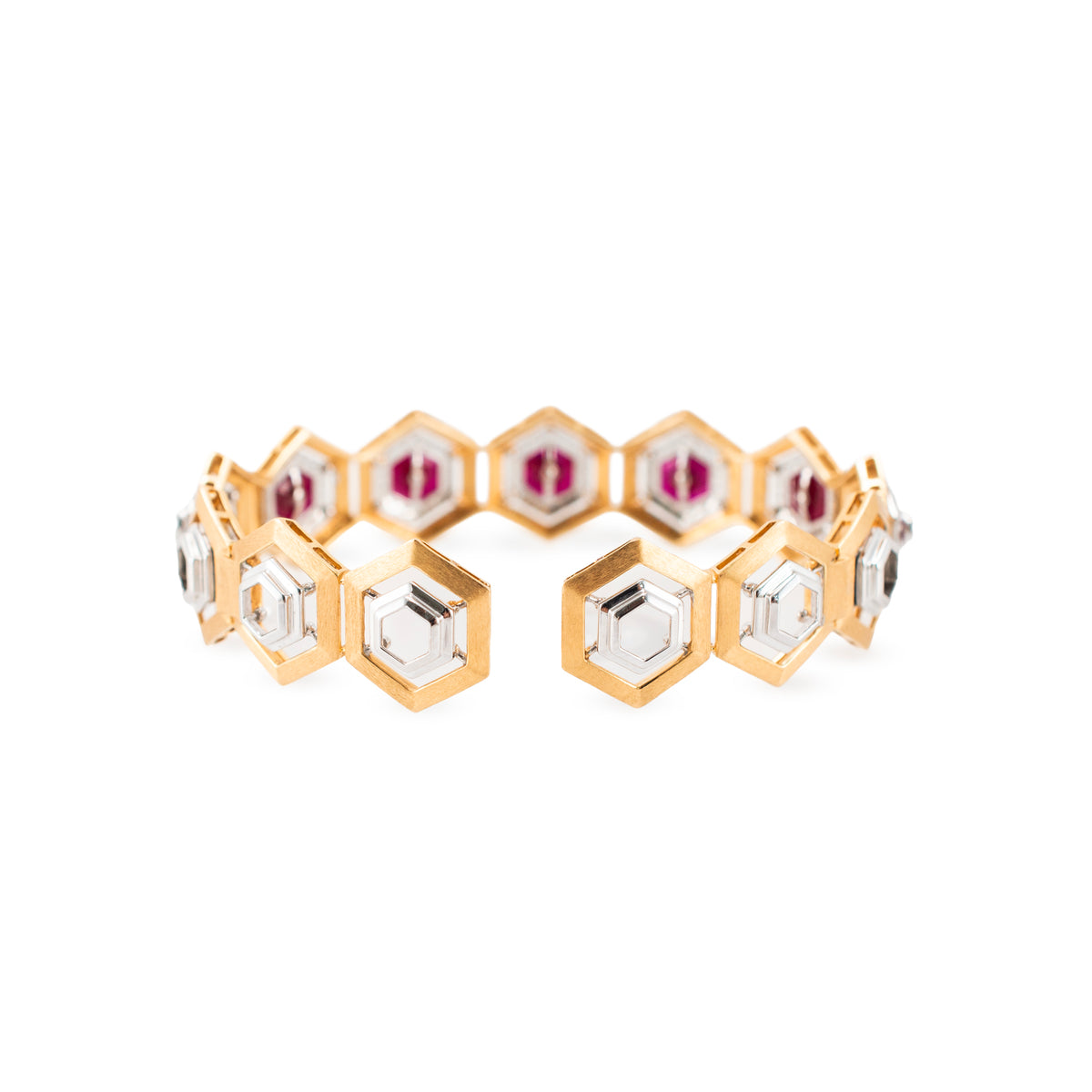 Vintage 18K Yellow & White Gold 1.58ctw Diamond Ruby Hexagon Bangle Bracelet