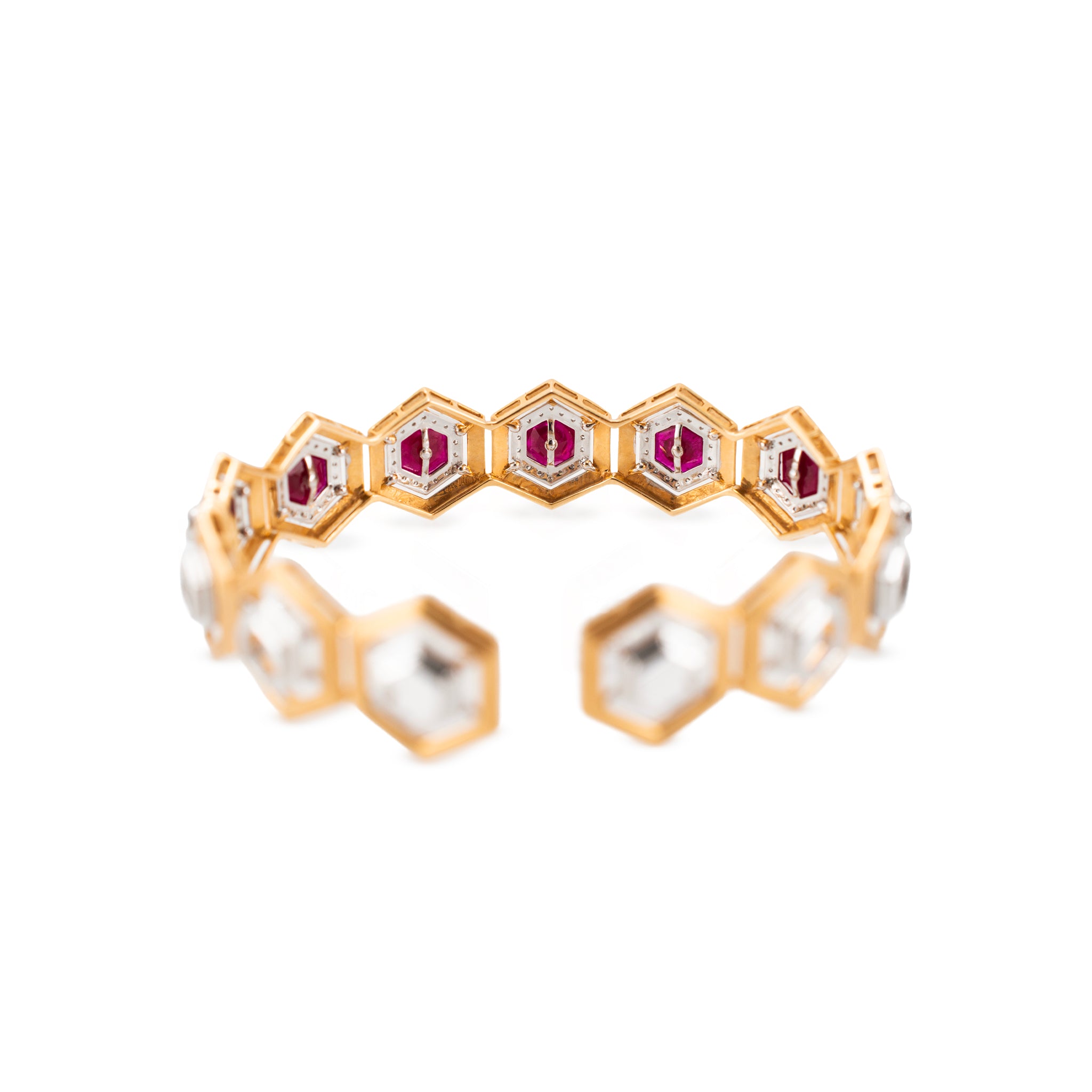 Vintage 18K Yellow & White Gold 1.58ctw Diamond Ruby Hexagon Bangle Bracelet