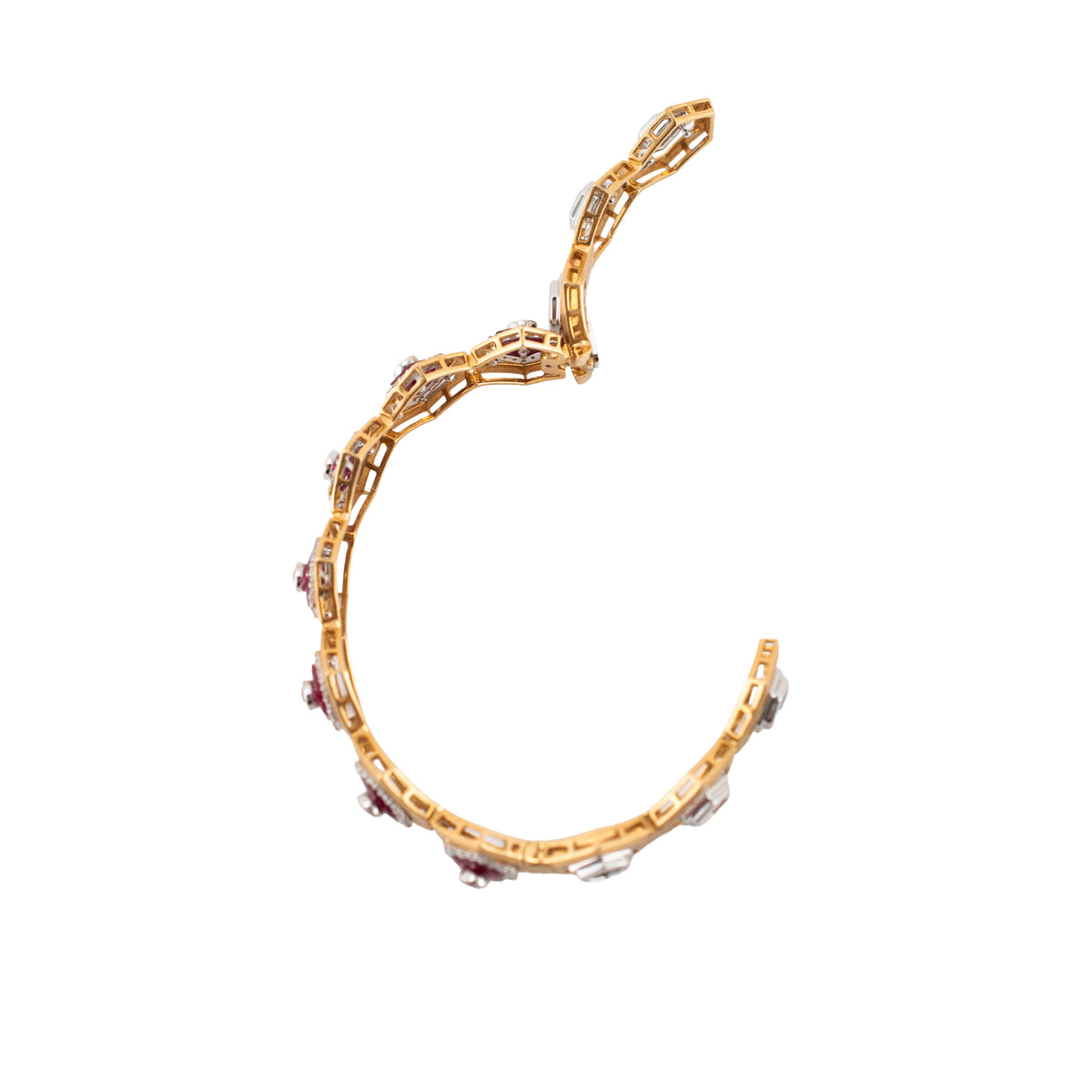 Vintage 18K Yellow & White Gold 1.58ctw Diamond Ruby Hexagon Bangle Bracelet