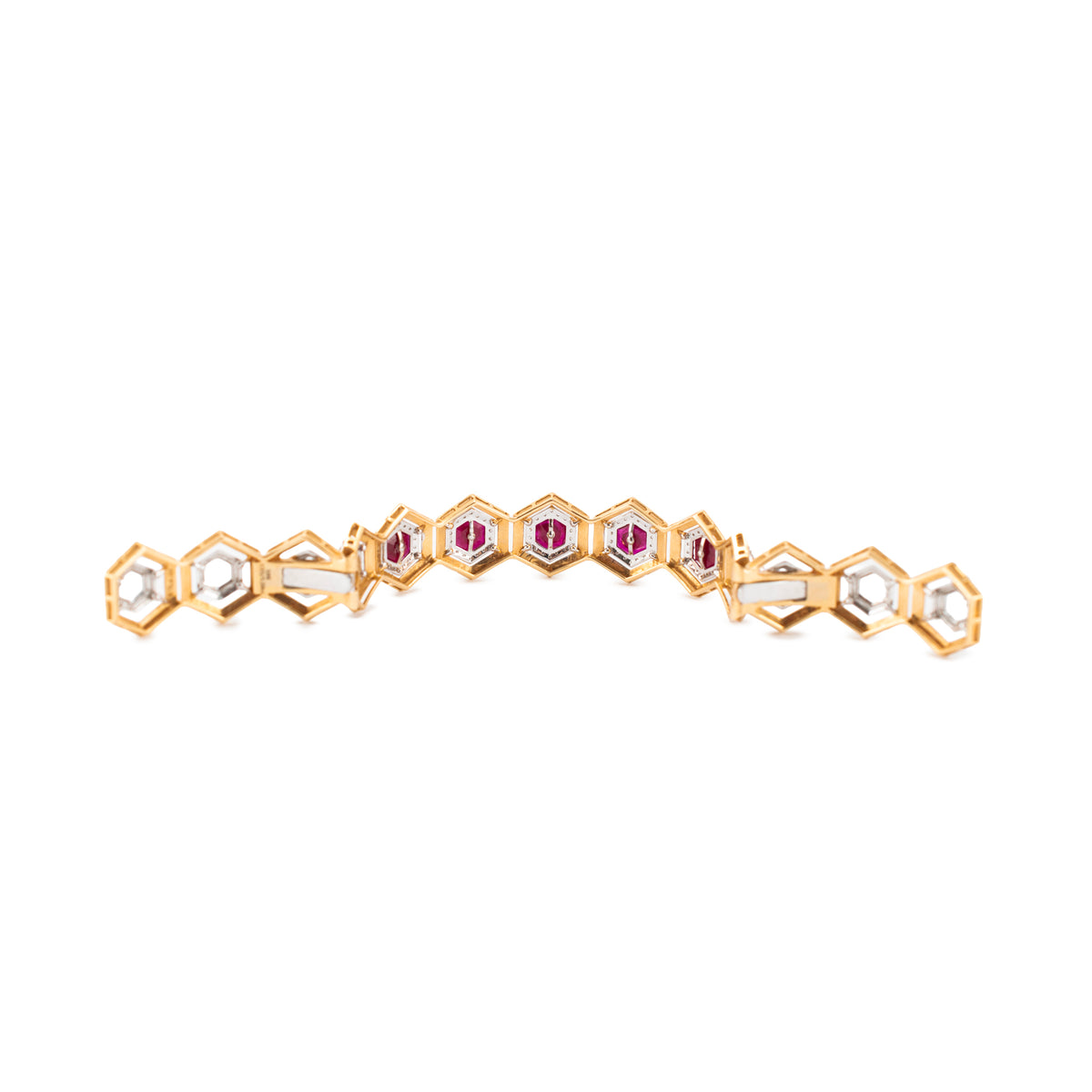Vintage 18K Yellow & White Gold 1.58ctw Diamond Ruby Hexagon Bangle Bracelet