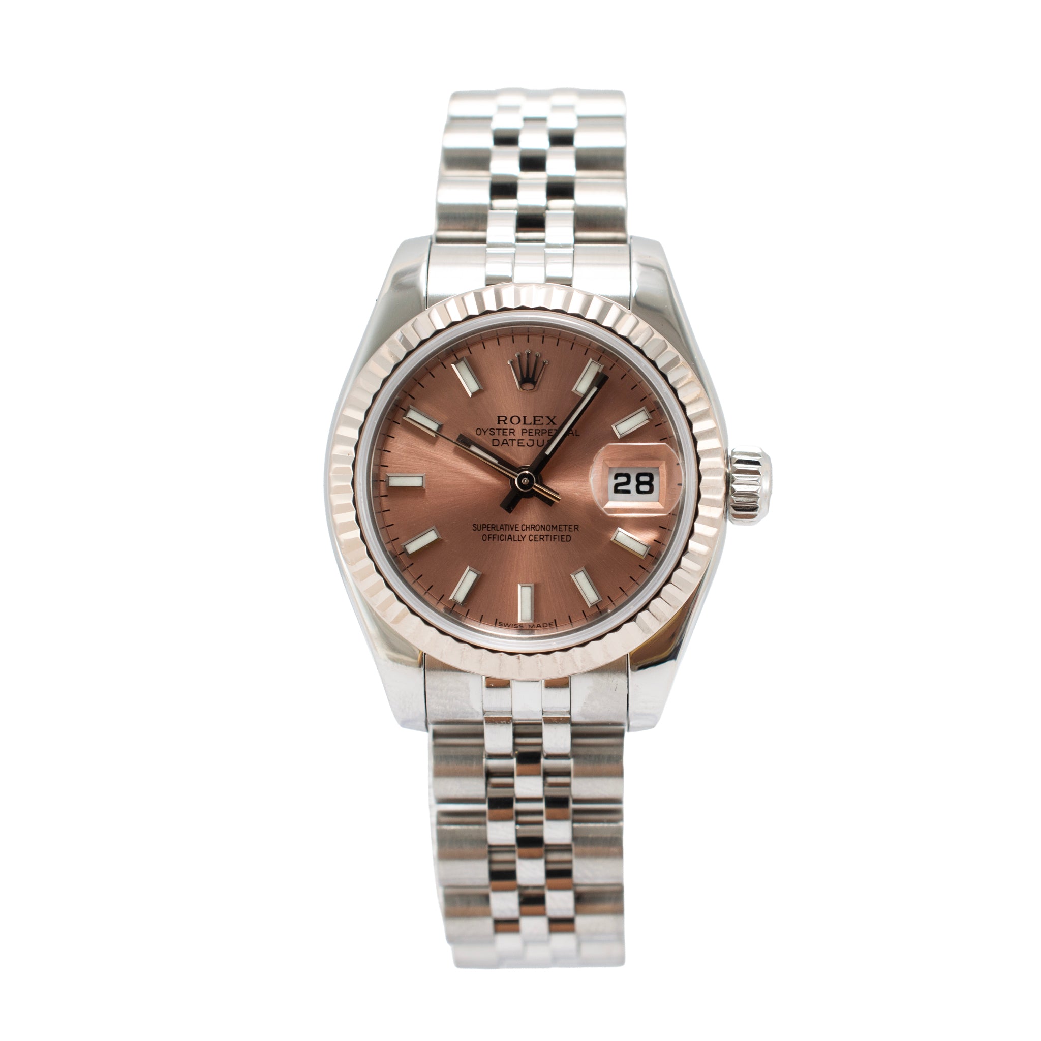 Ladies Rolex Datejust 26MM 179174 Pink Salmon Dial 18K White Gold Steel Watch