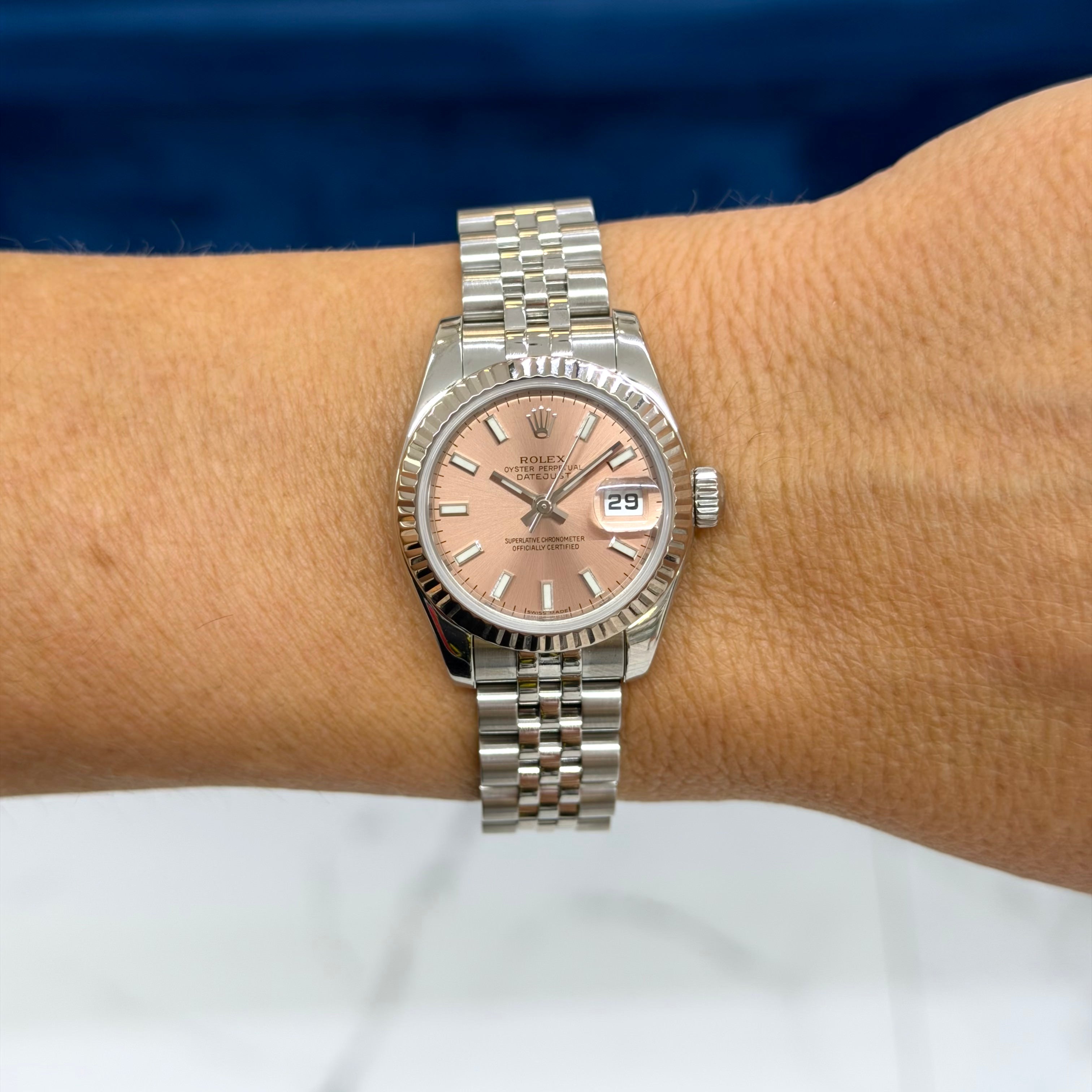 Ladies Rolex Datejust 26MM 179174 Pink Salmon Dial 18K White Gold Steel Watch
