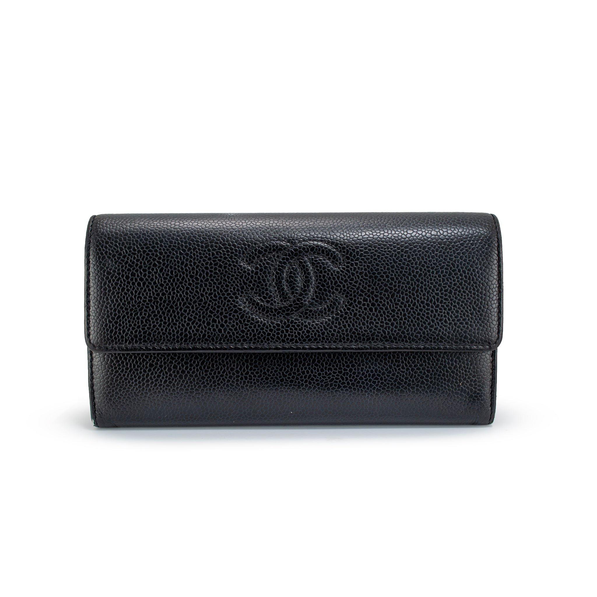 Discontinued Chanel Timeless CC Black Caviar Leather Flap Long Wallet