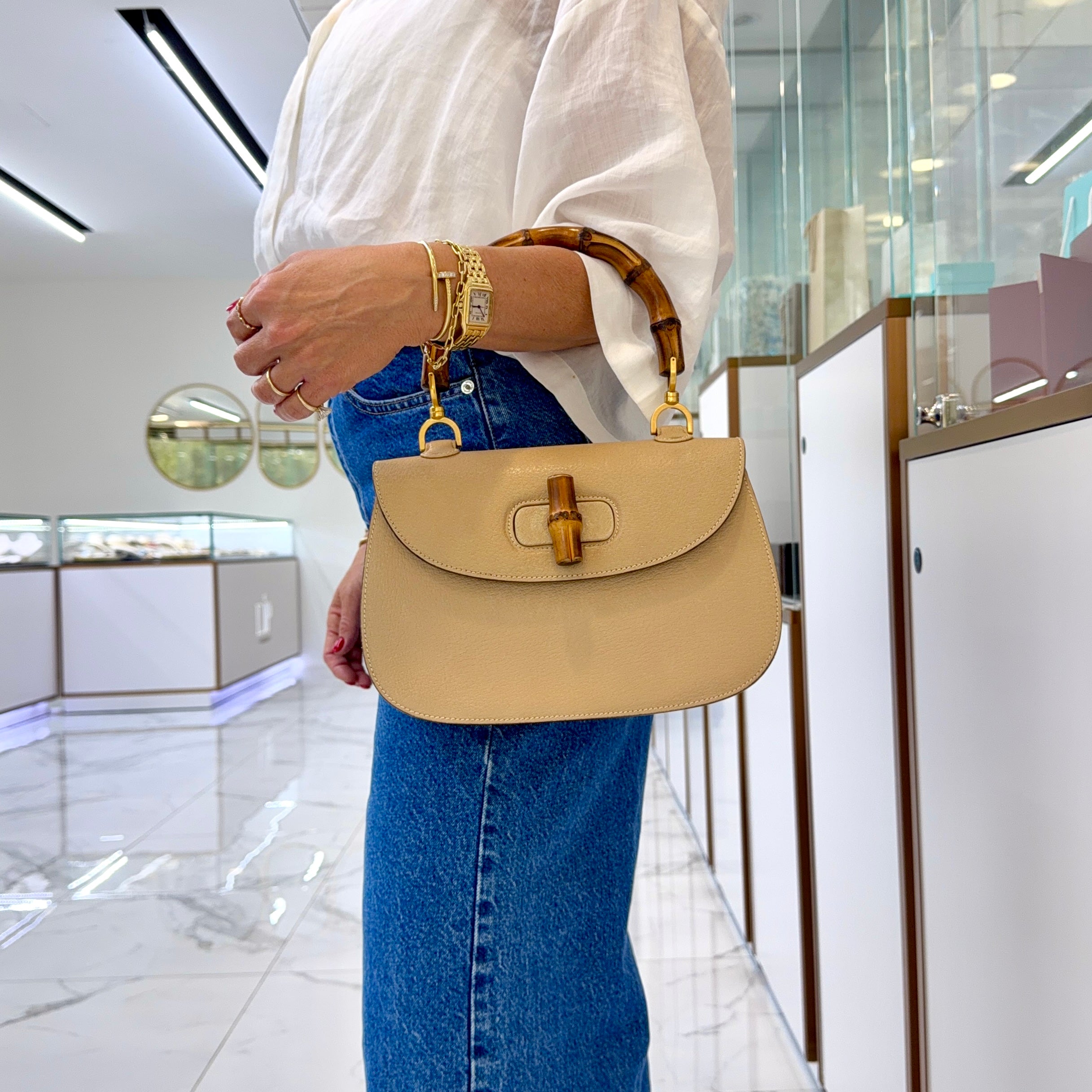Gucci Bamboo 1947 Vintage Beige Leather Turn-Lock Top Handle Shoulder Bag