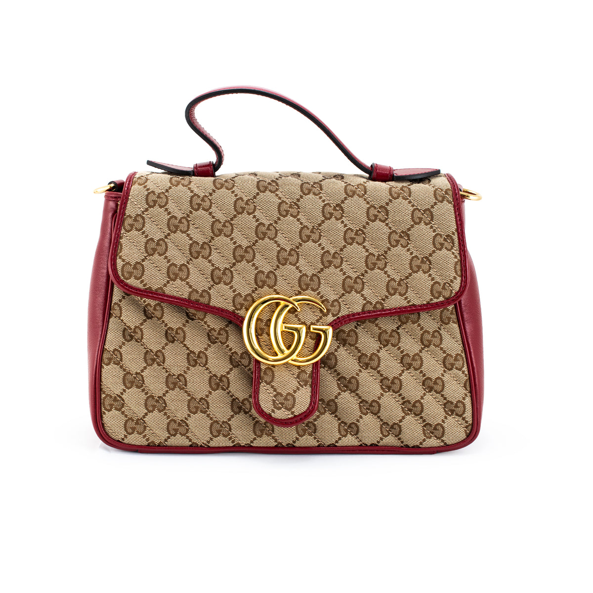 Gucci Gg Marmont Mini Beige Gg Canvas Red Leather Top Handle Bag
