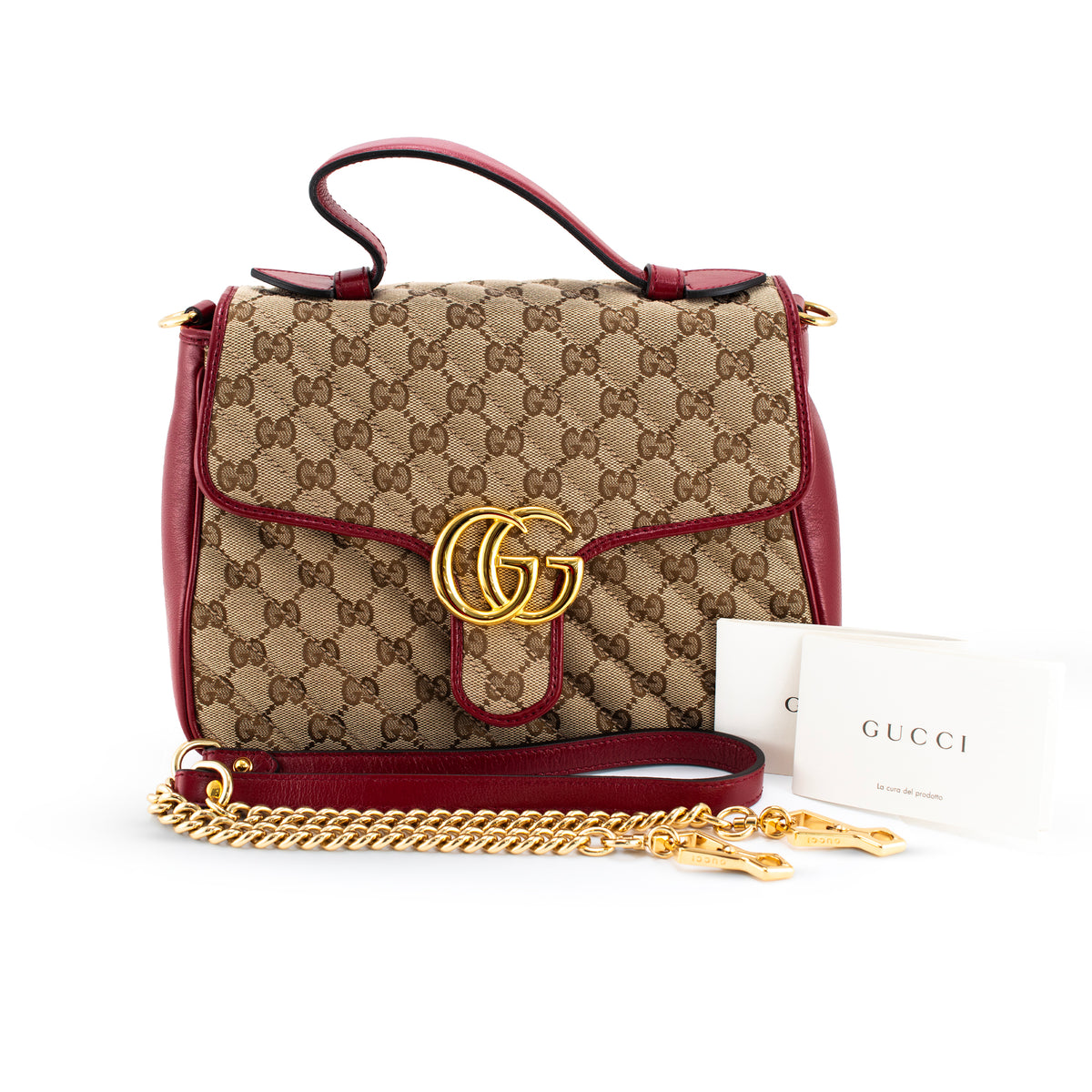 Gucci Gg Marmont Mini Beige Gg Canvas Red Leather Top Handle Bag
