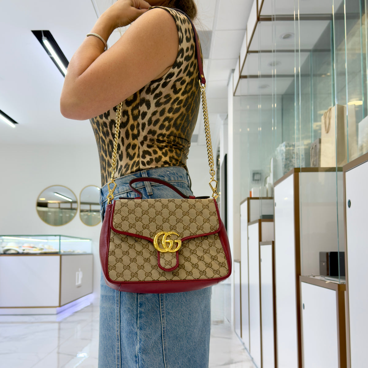 Gucci Gg Marmont Mini Beige Gg Canvas Red Leather Top Handle Bag