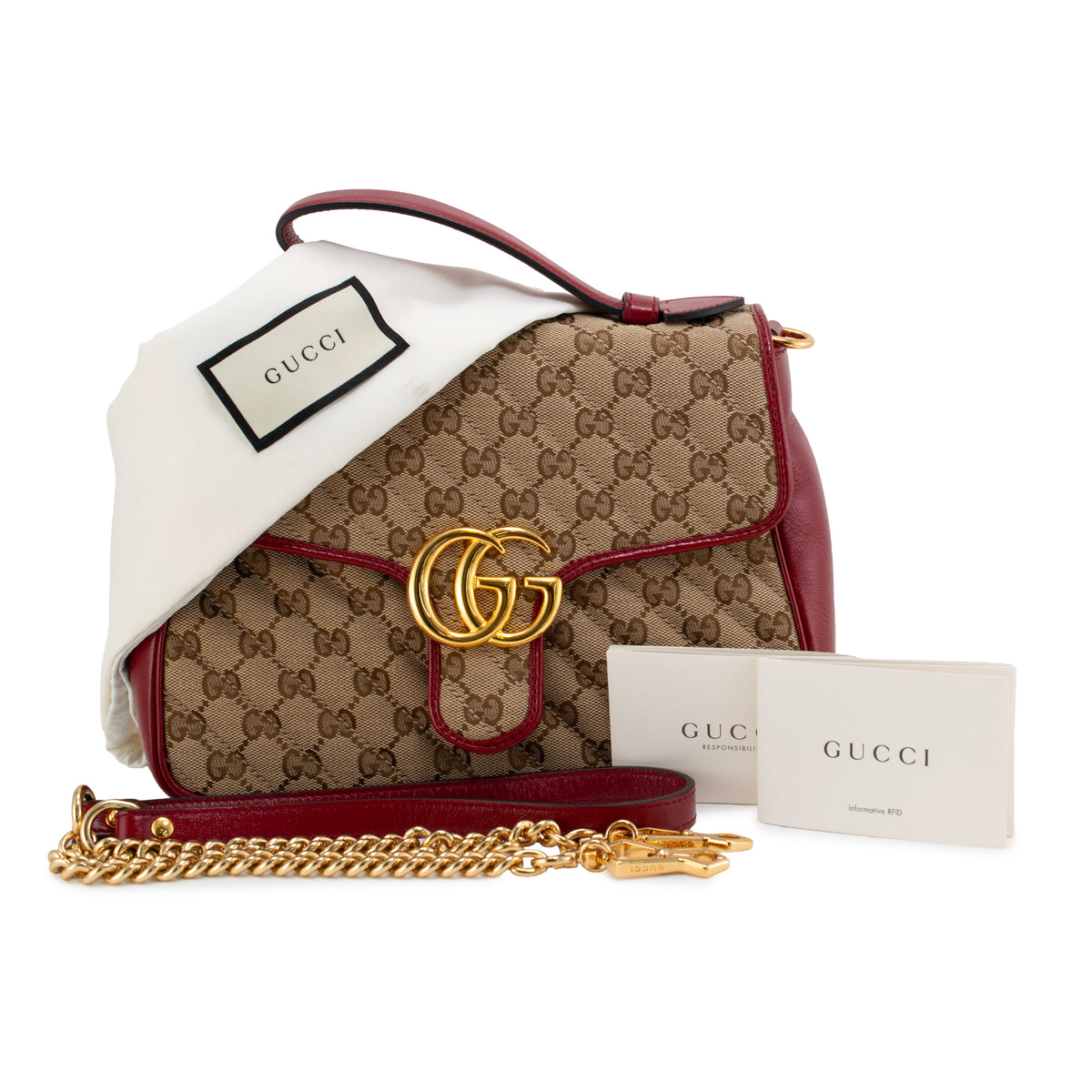 Gucci Gg Marmont Mini Beige Gg Canvas Red Leather Top Handle Bag
