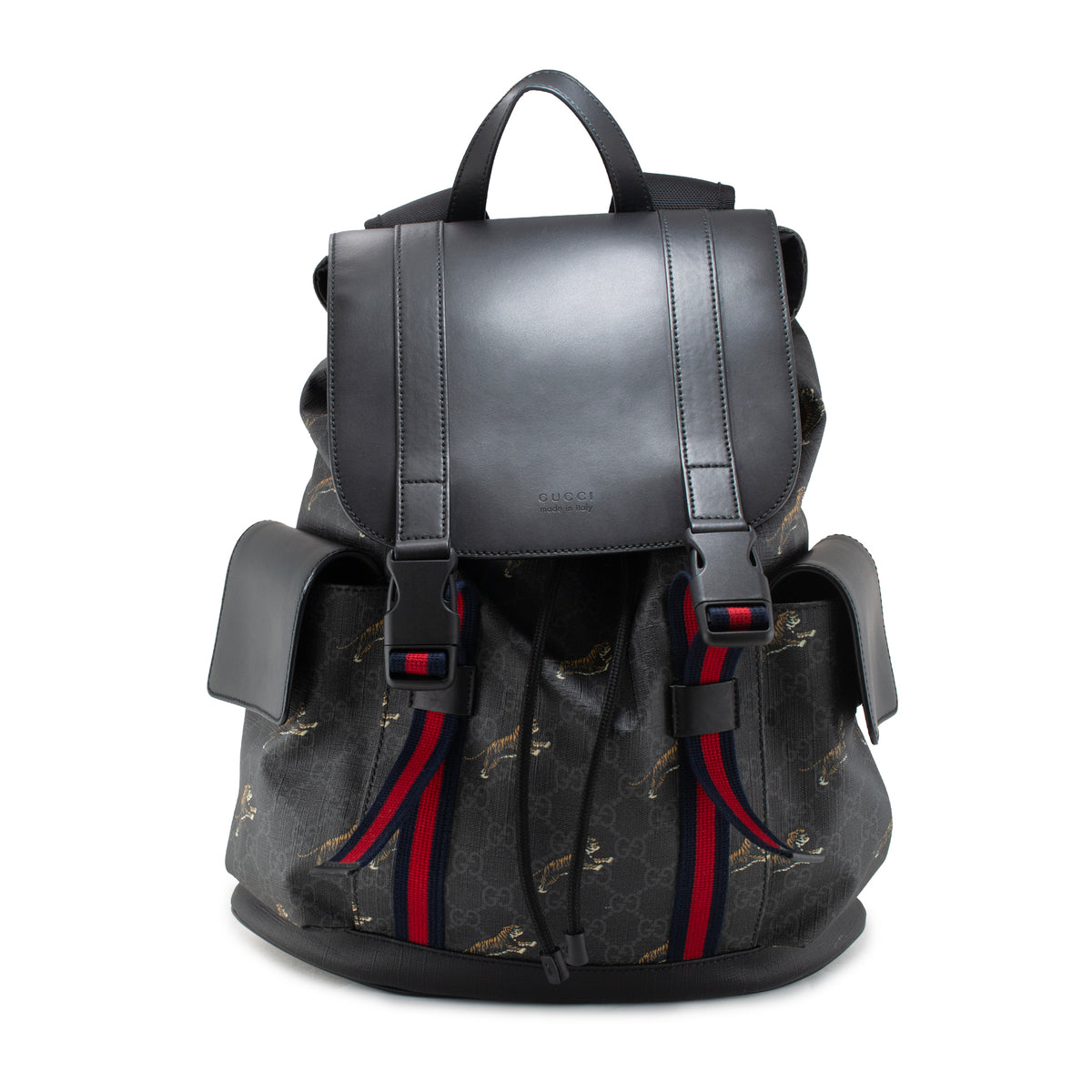 Gucci Bestiary Tigers Black Gg Supreme Web Flap Backpack