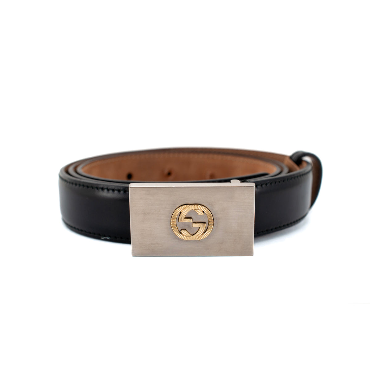 Gucci 30MM 85/38 Black Leather Two-Tone Interlocking G Belt