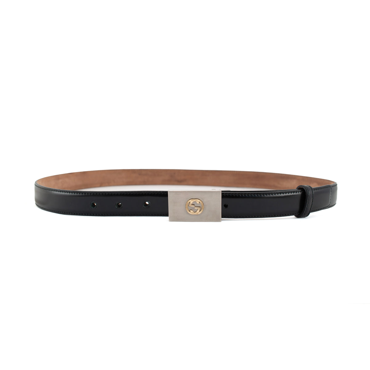 Gucci 30MM 85/38 Black Leather Two-Tone Interlocking G Belt