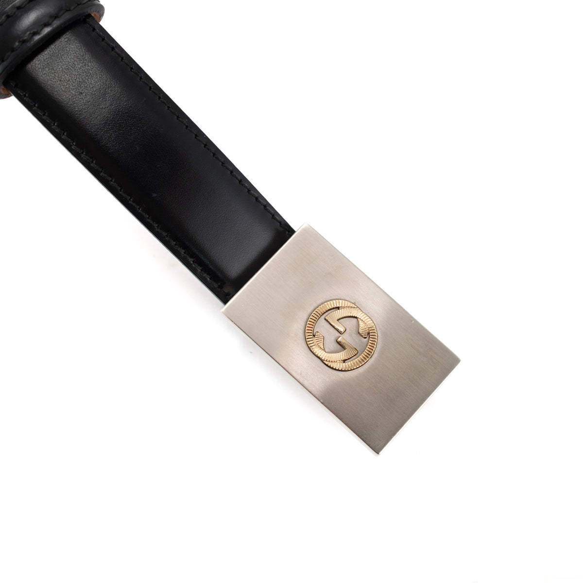 Gucci 30MM 85/38 Black Leather Two-Tone Interlocking G Belt