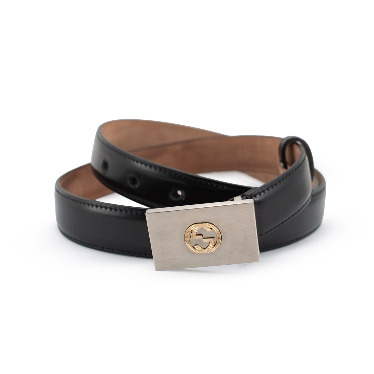 Gucci 30MM 85/38 Black Leather Two-Tone Interlocking G Belt