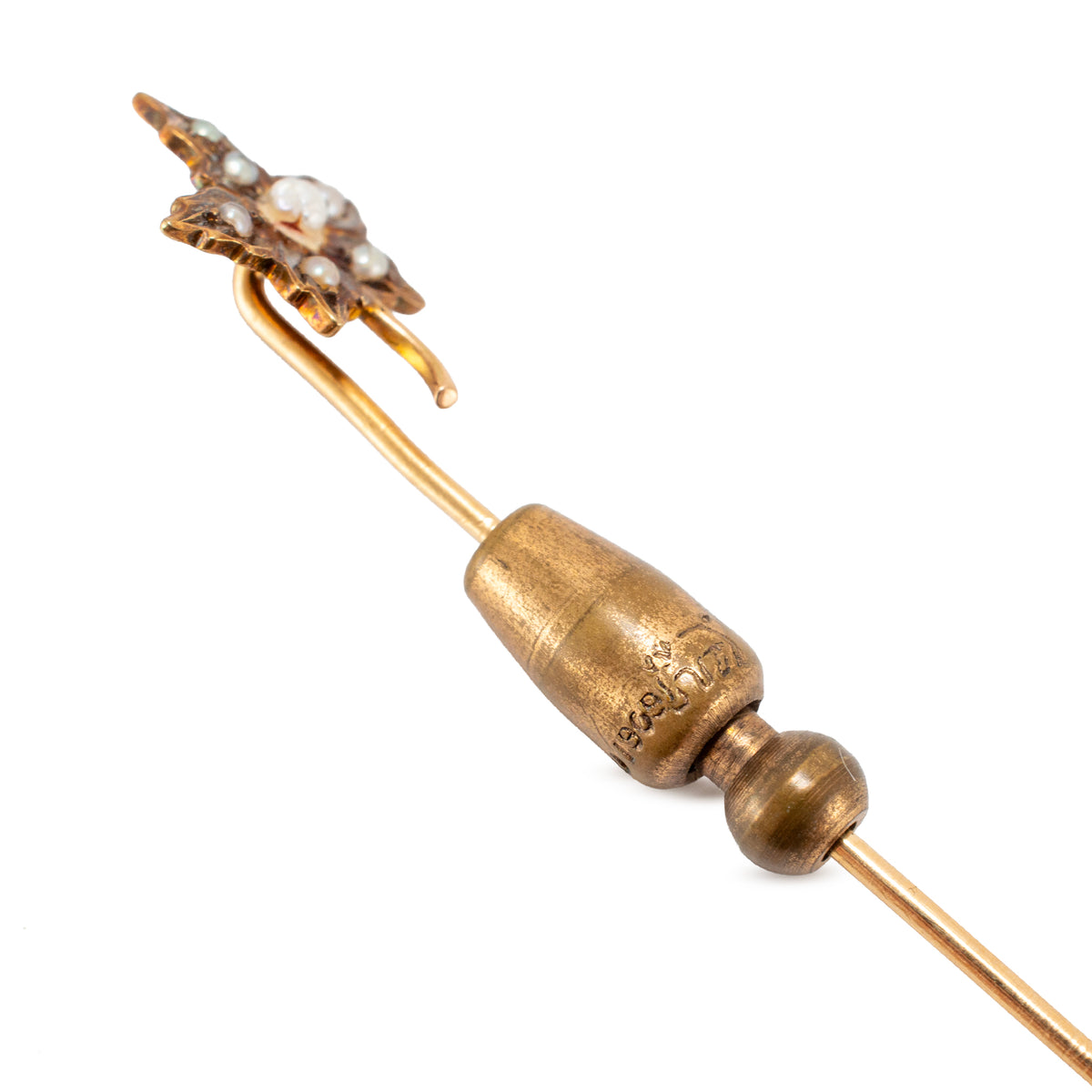Antique Victorian 14K Yellow Gold Seed Pearls Floral Leaf Motif Stick PIN