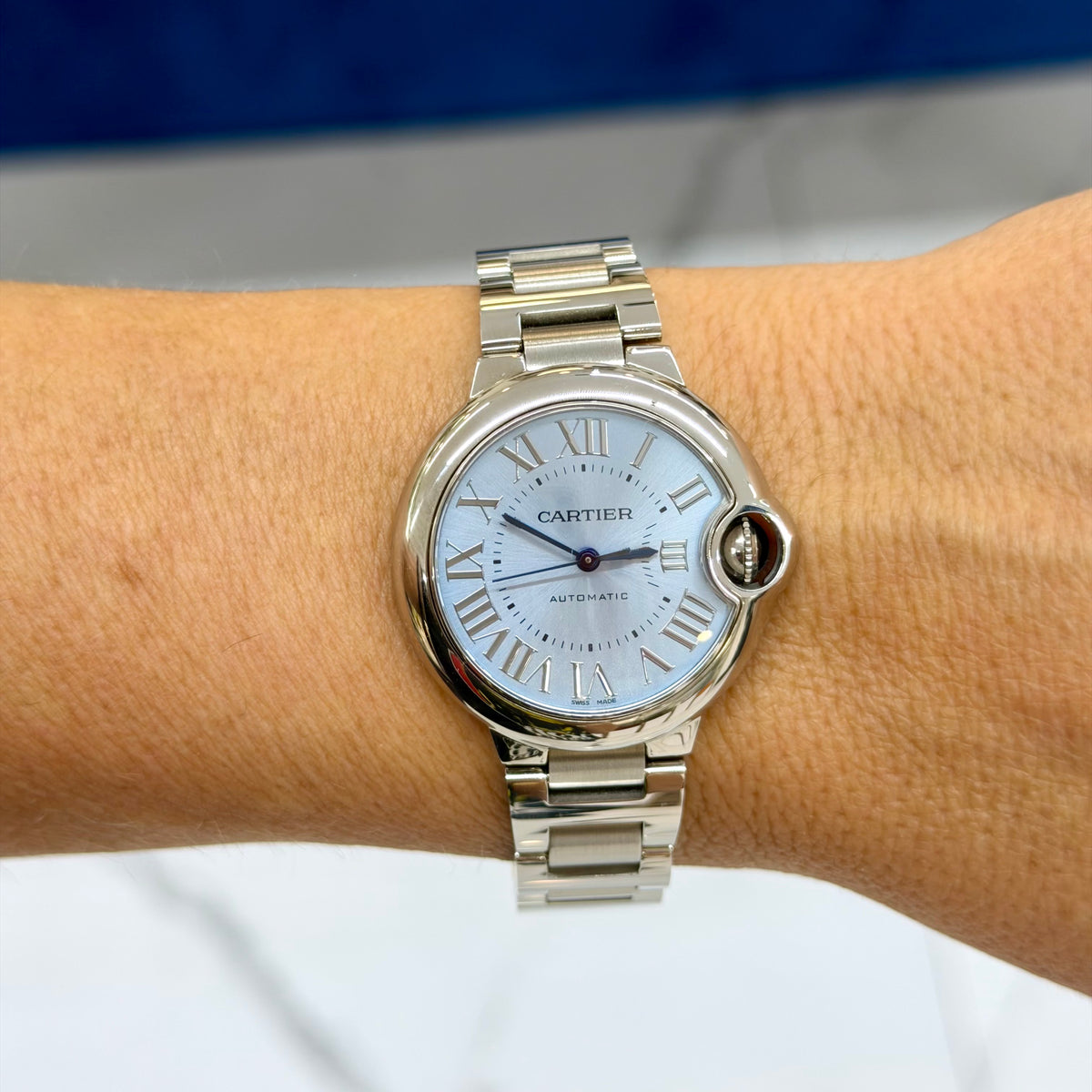 Ladies Cartier Ballon Bleu 33MM WSBB0062 Blue Silvered Steel Automatic Watch