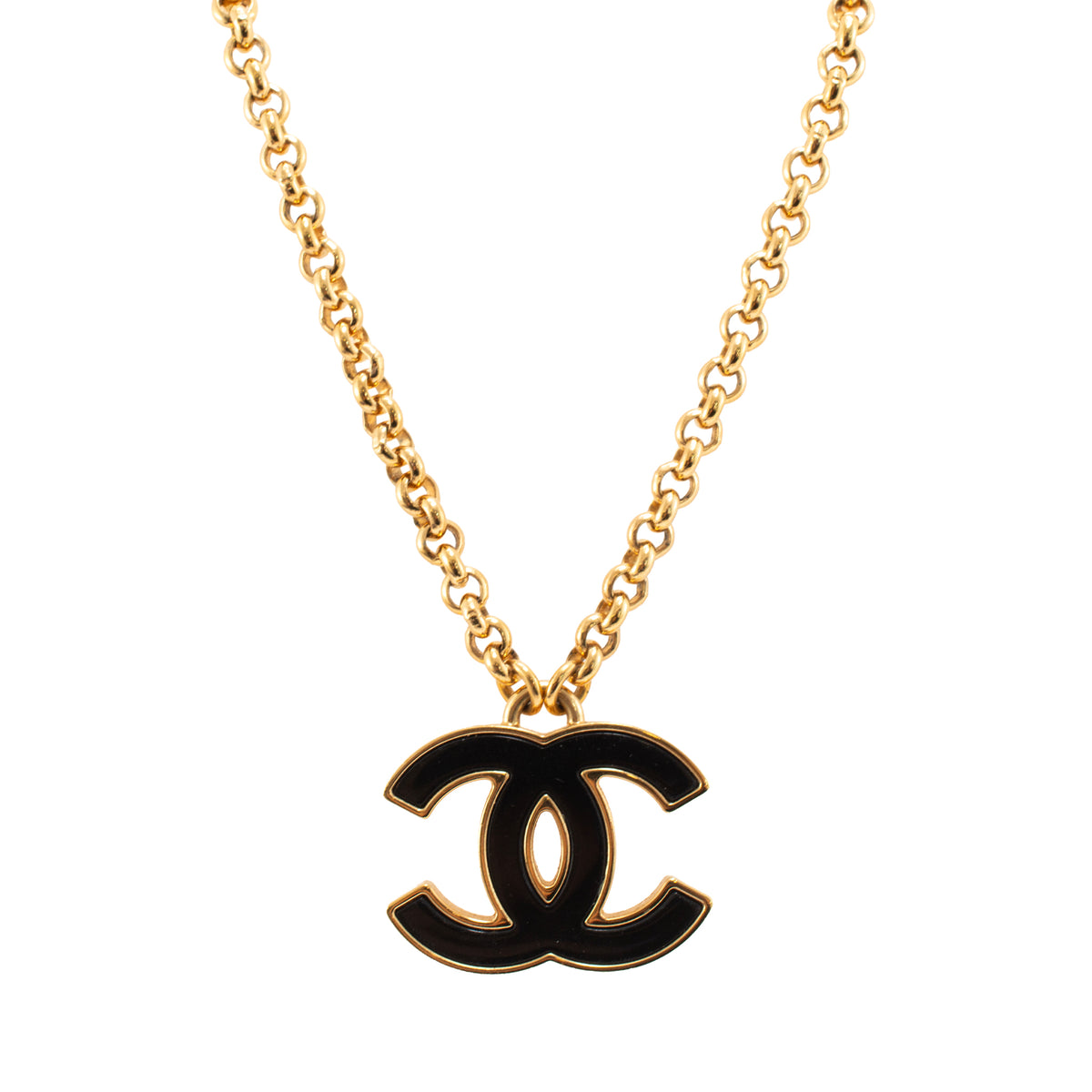 Chanel CC Gold Plated Black Enamel Rolo Chain Pendant Necklace