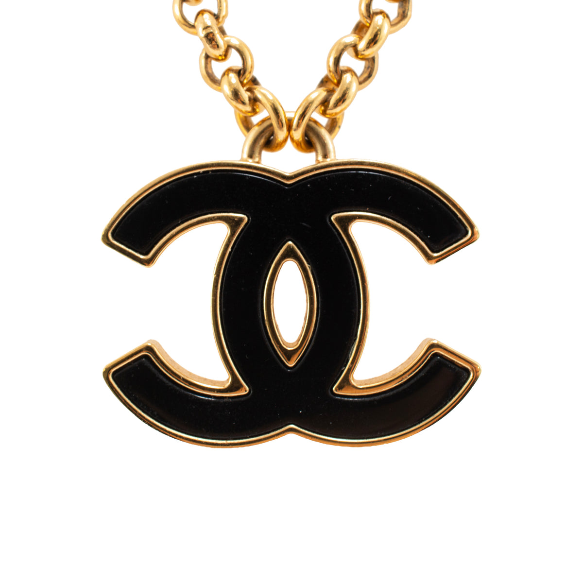 Chanel CC Gold Plated Black Enamel Rolo Chain Pendant Necklace