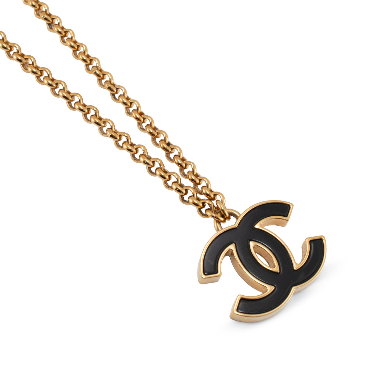 Chanel CC Gold Plated Black Enamel Rolo Chain Pendant Necklace