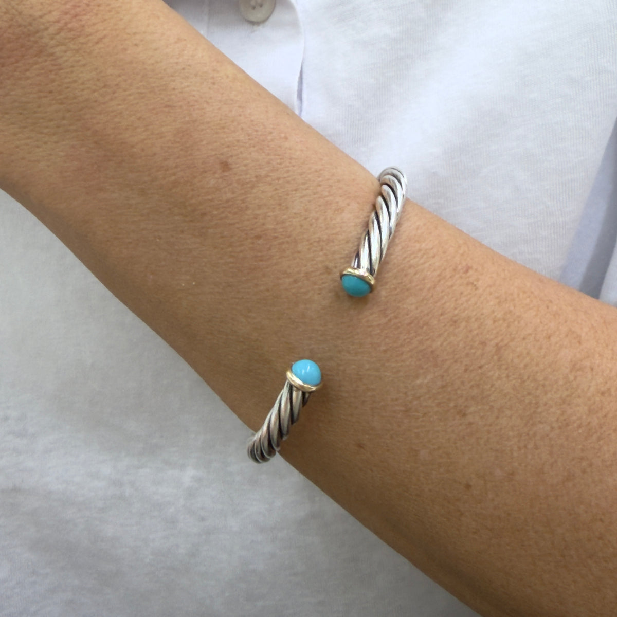 David Yurman Cable Classic Silver & 14K Yellow Gold 6MM Turquoise Cuff Bracelet