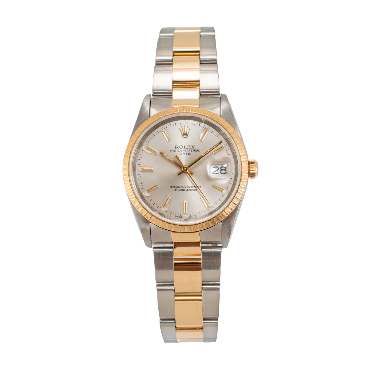 Rolex Oyster Perpetual Date 34MM 15233 Silver Dial Gold Steel Watch