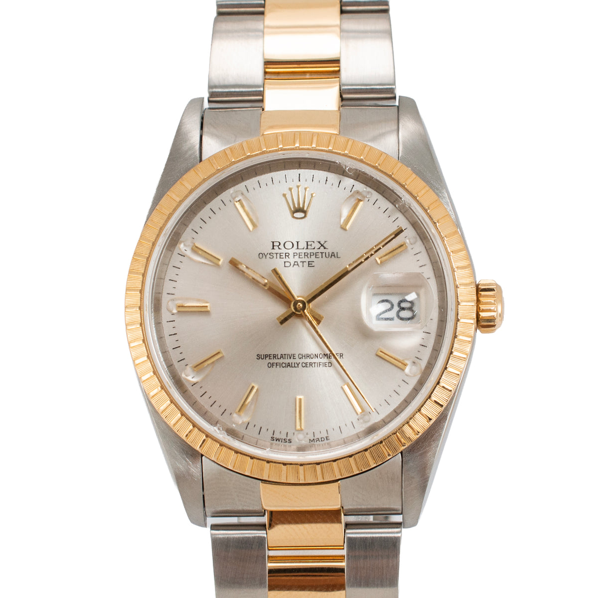 Rolex Oyster Perpetual Date 34MM 15233 Silver Dial Gold Steel Watch