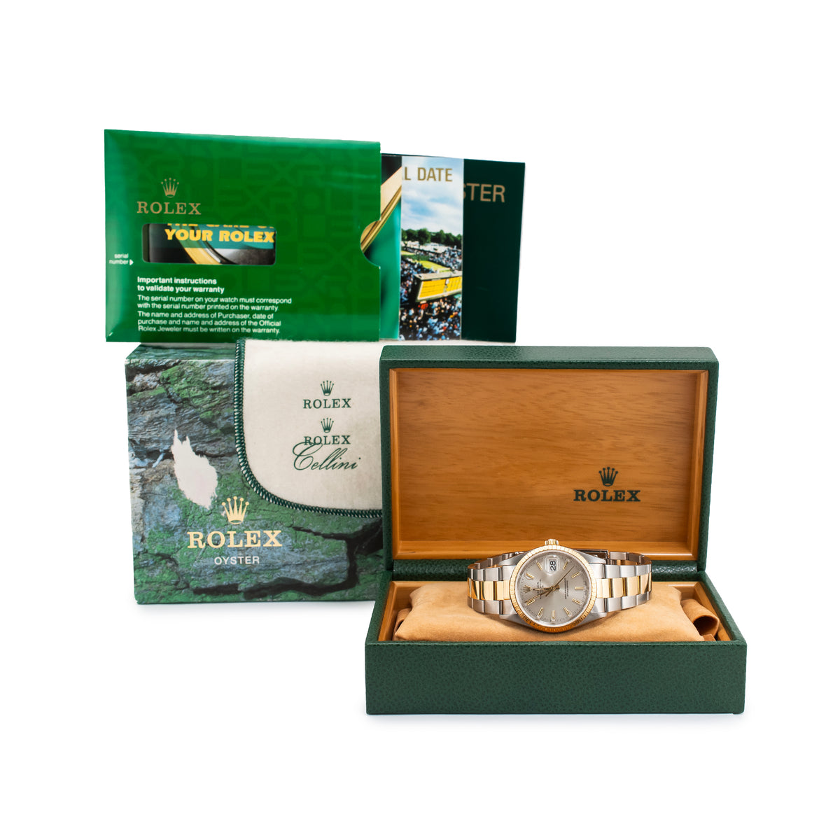 Rolex Oyster Perpetual Date 34MM 15233 Silver Dial Gold Steel Watch