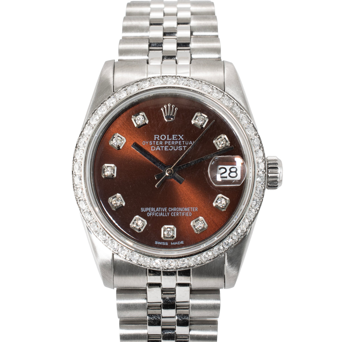 Ladies Rolex Datejust Midsize 31MM 68274 Diamond Deep Brown Jubilee Steel Watch