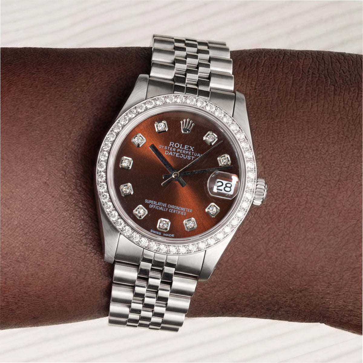 Ladies Rolex Datejust Midsize 31MM 68274 Diamond Deep Brown Jubilee Steel Watch