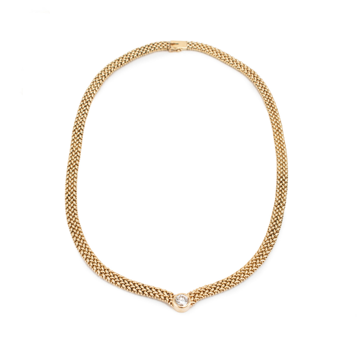 Vintage 14K Yellow Gold 0.86ct Diamond Solitaire Mesh Chocker Pendant Necklace
