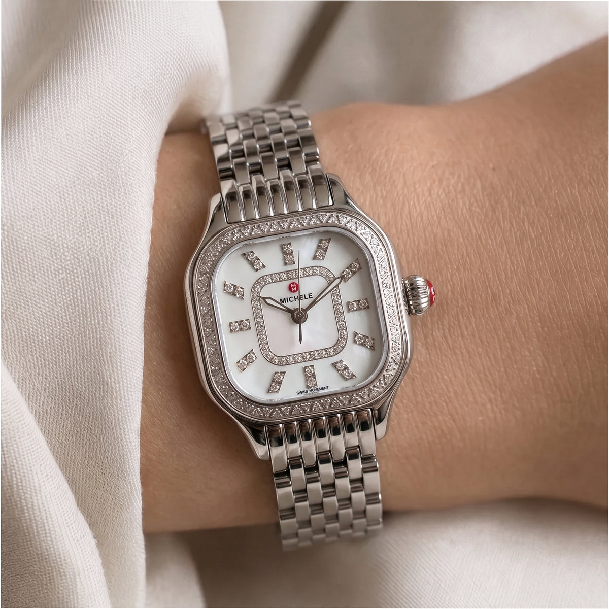 Ladies Michele by Fossil Meggie 29MM mww33b000001 Mop Diamond Steel Quartz Watch