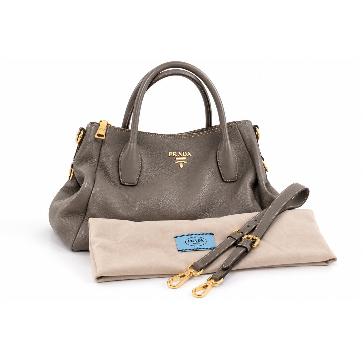 Prada Vitello Daino Sacca Manici Convertible Pebbled Leather Gray Tote Bag