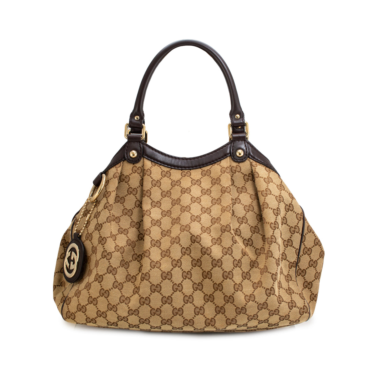Gucci Sukey Beige Gg Canvas Brown Leather Gold-Tone Tote Bag
