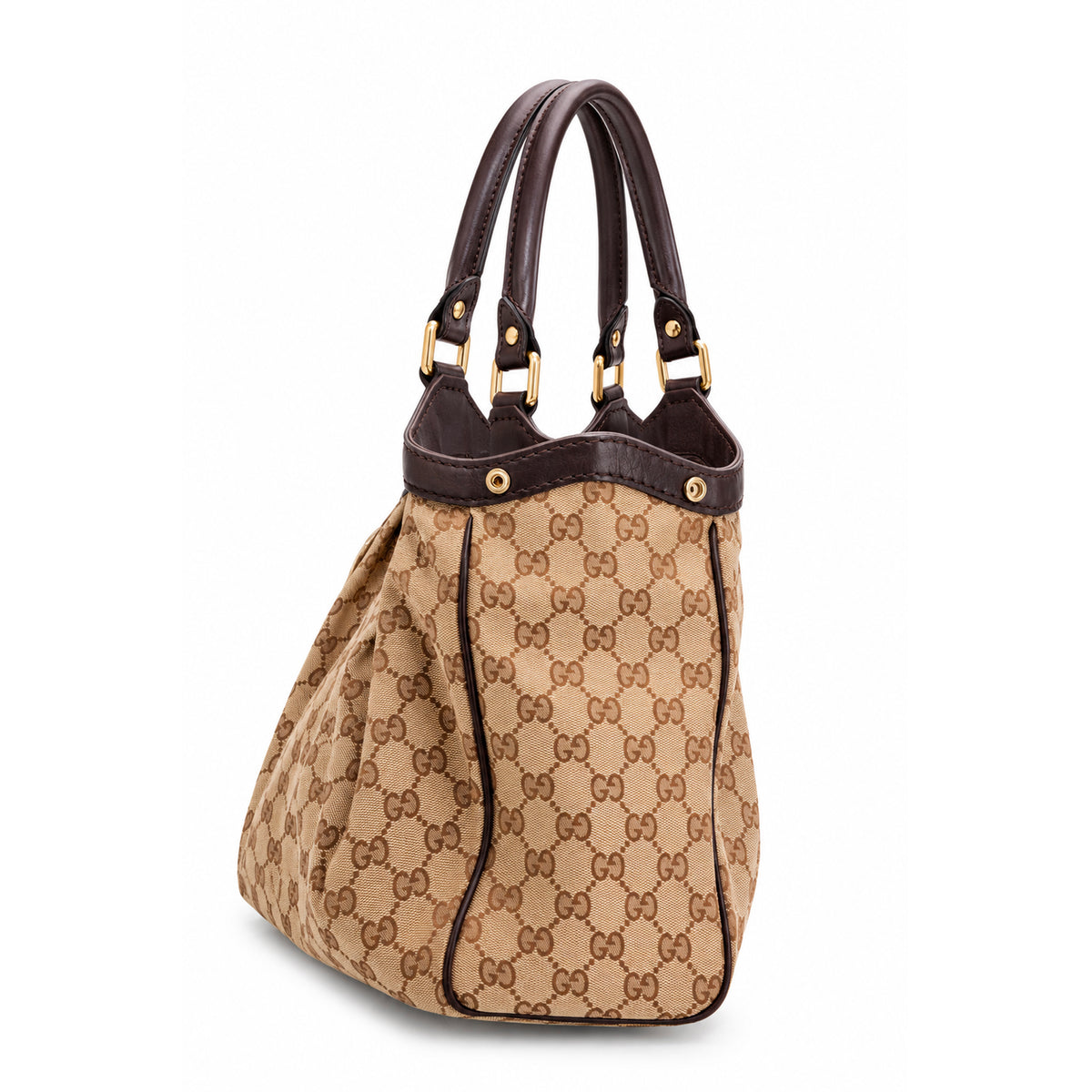 Gucci Sukey Beige Gg Canvas Brown Leather Gold-Tone Tote Bag